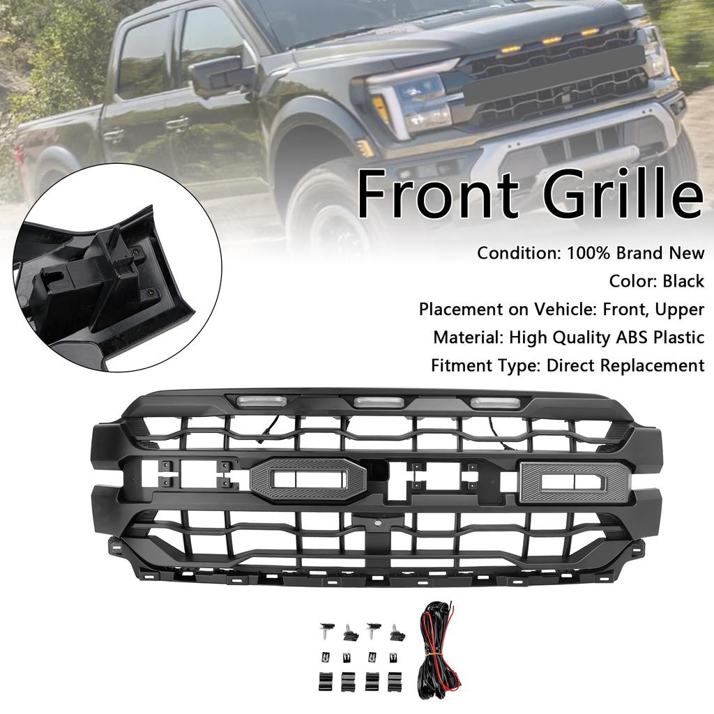 Black Front Bumper Grille Grill Fit Ford F150 2024+ With LED