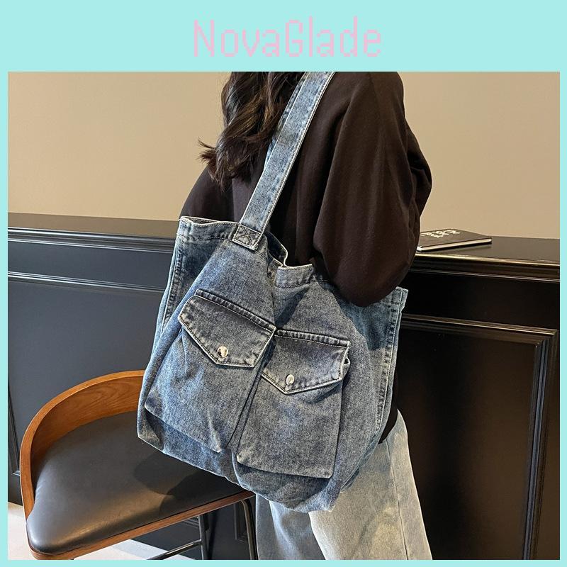 Fashionable Womens Tote Bag In Denim Fabric With Double Shoulder Straps For Commuting