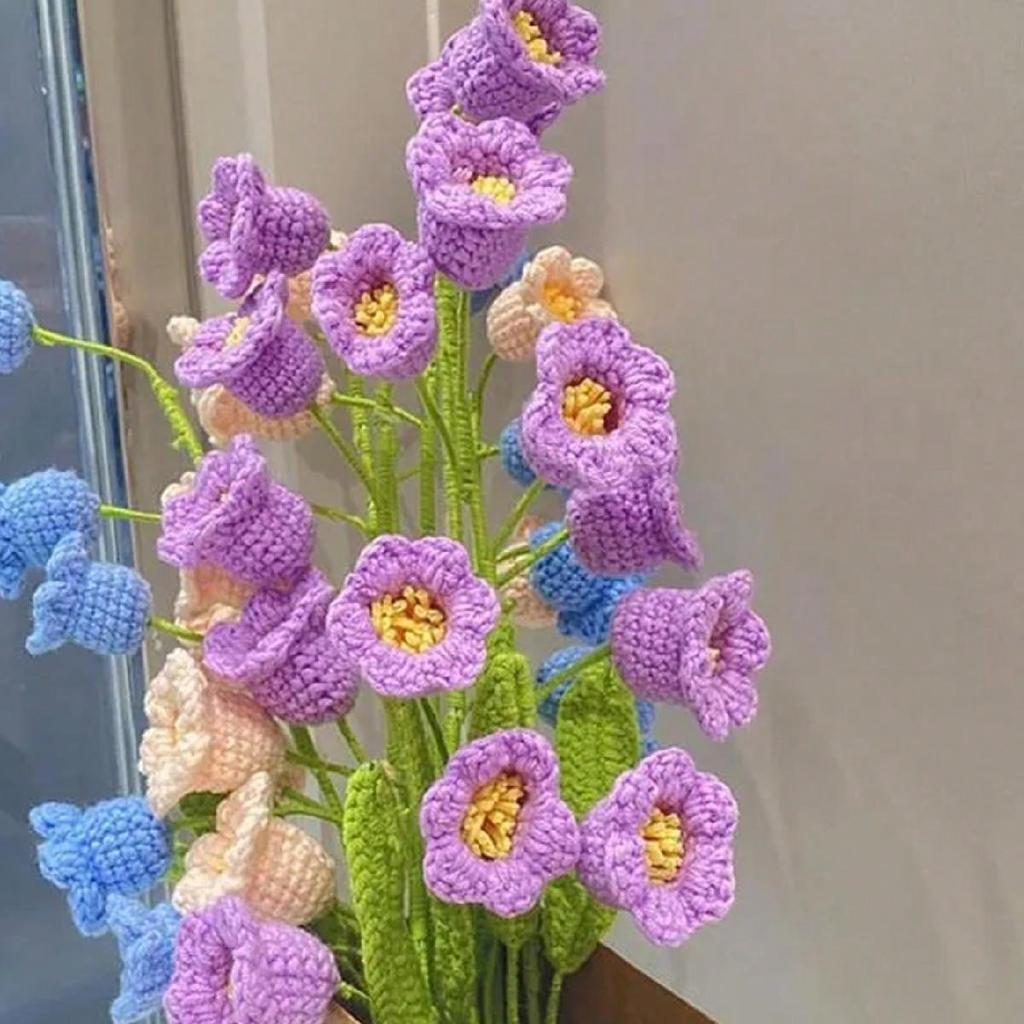 3PCS Artificial Crochet Flowers Handmade Knitting 5Heads Lily of The Valley Woven Flowers with Stems for Valentine's Gifts Home Wedding Party Office