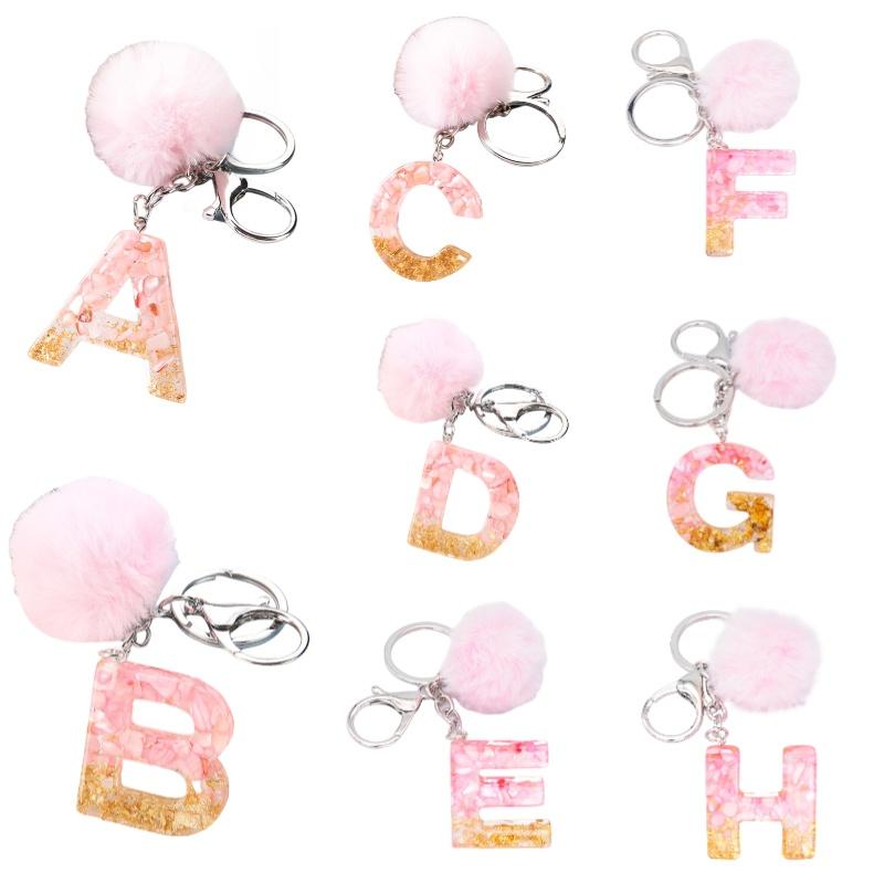 Stylish Keychain With Fluffy Ball And Gold Foil Letters Car Bag Pendant