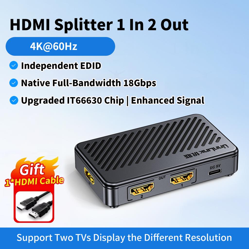 Unnlink 1x2 HDMI Splitter 4K60Hz 1 in 2 Out Video Splitter for Home Theater Dual TV Game Movie Watching HDCP 2.2 HDR Support 4