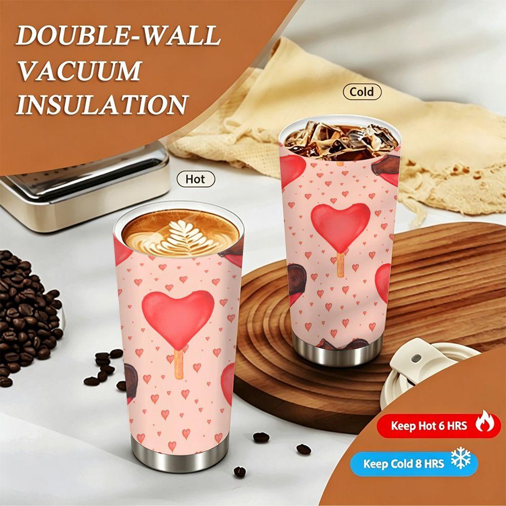 Cute Heart Ice Cream Print Stainless Steel Insulated Coffee Tumbler Vacuum Travel Mug Reusable Cup for Office School Gift Idea