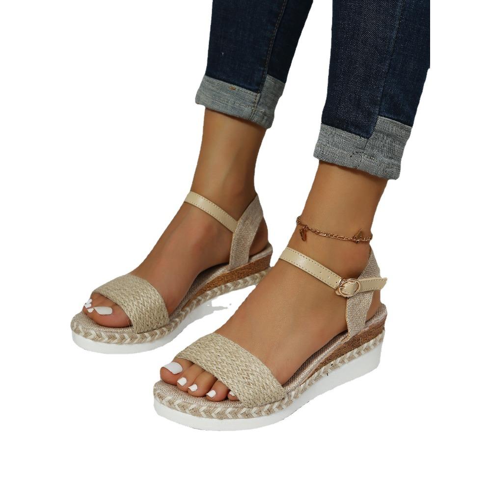 Весенне-летние сандалии на толстой подошве с пряжкой из пеньковой веревки, женские сандалии на плоской подошве с пряжкой