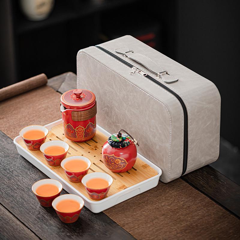 Outdoor Camping Travel Kung Fu Tea Set, Teapot, Ceramic Kuaike Teacup, Tea Tray, Portable Guochao Gifts