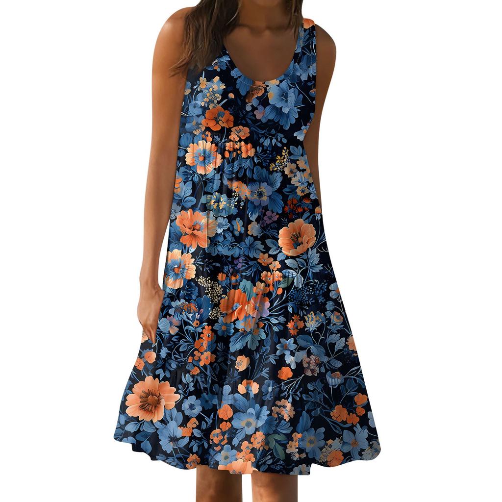 Hawaiian Dress For Women Summer Spring Pleated Bohemian Dresses Cute Sleeveless Flowing Beach Straight  Tank Dresses Round Neck Dresses