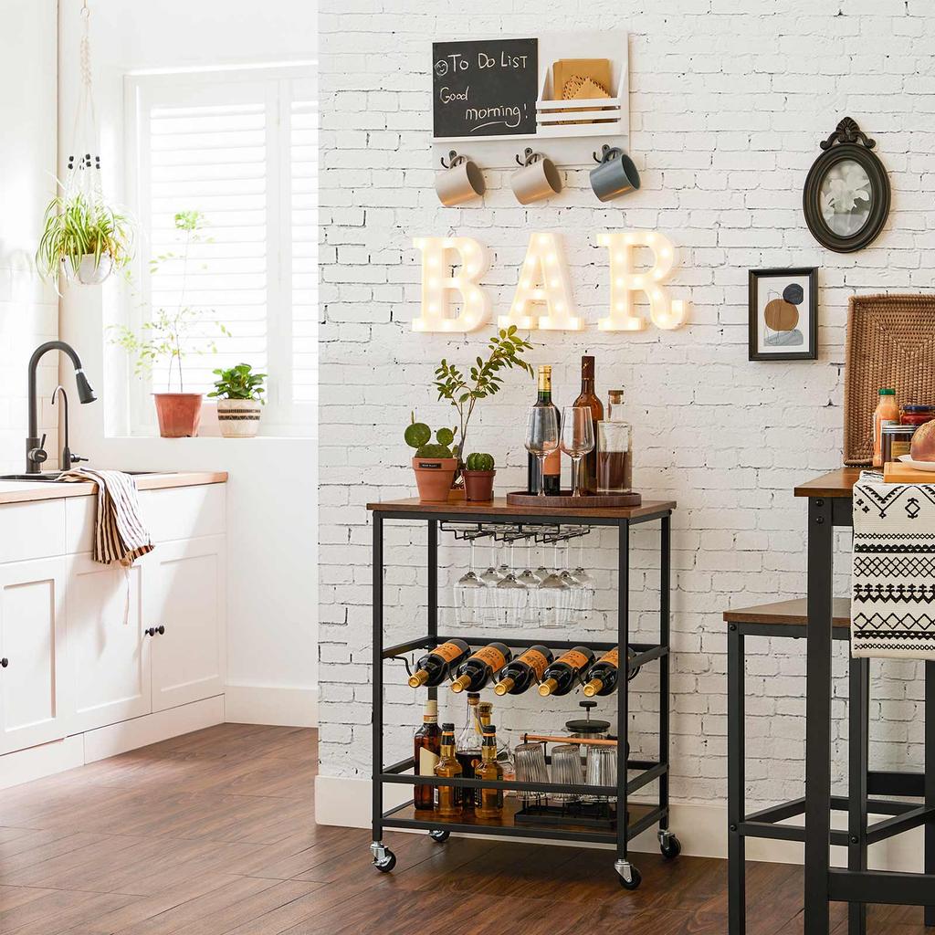 VASAGLE LRC087B01 Kitchen Trolley on Wheels with Shelves Glass and Bottle Holders 60 x 40 x 75 cm Industrial Design Vintage Brown/Black