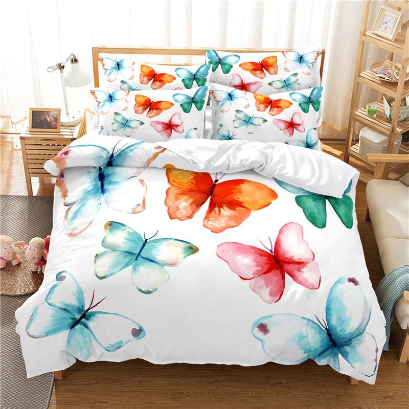 Butterfly Duvet Cover Set 3D Print Pink Rose Flowers Romantic Comforter Cover King Size For Kid Boy Girl Polyester Bedding Set