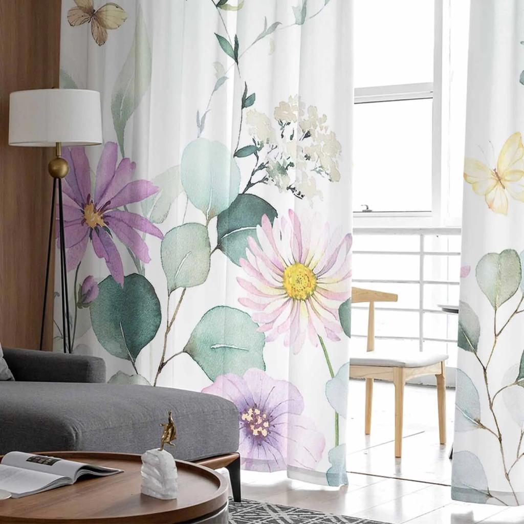 Идиллические прозрачные шторы с эвкалиптом, ромашками и полевыми цветами для гостиной, спальни, тюлевые занавески для кухни, вуаль, шторы, жалюзи, панели