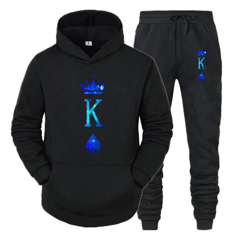 Спортивная одежда для пар, толстовки с принтом KING QUEEN, брюки, комплект из двух предметов, модная уличная одежда для влюбленных, мужская и женская одинаковая одежда