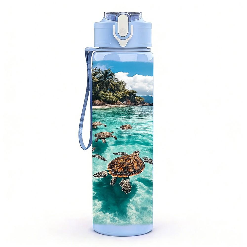 1PC Tropical Beach Turtle Ocean Print 750ml Color Plastic Sports Water Bottle Leakproof Flip Straw Lid Suitable for Sports Office Home Use