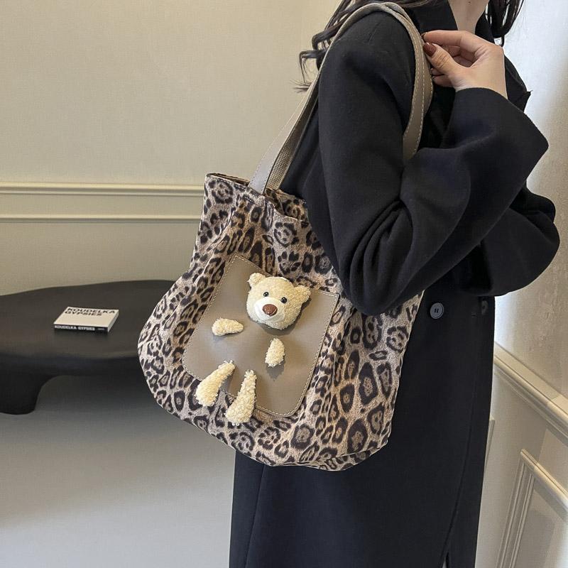 Винтажная леопардовая сумка-тоут большой емкости с принтом медведя через плечо для женщин