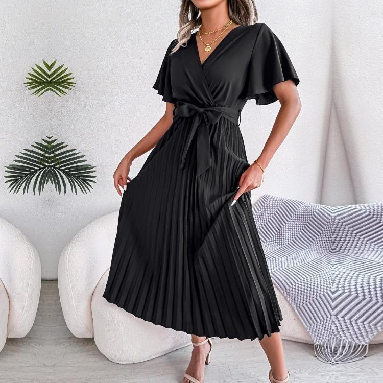 Casual Dresses - Elegant Summer Maxi Dress V Neck Short Sleeve Solid Color Pleated Long Dress Women Fashion Spring Summer Sizes S XL