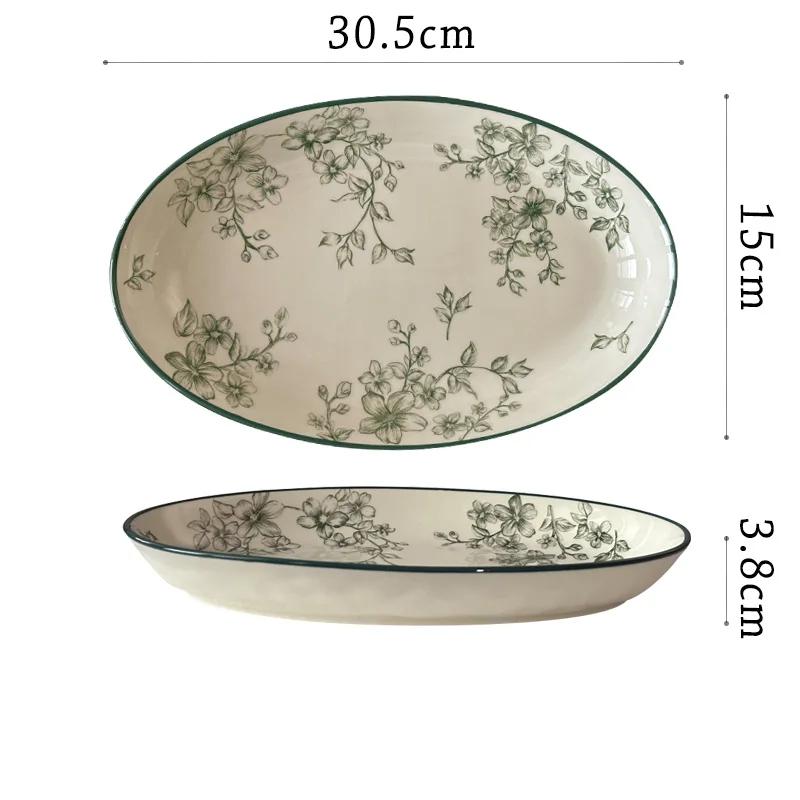 Винтажная керамическая тарелка с зеленым цветком, элитные ресторанные обеденные тарелки, суповые миски, изысканные блюда, глубокая тарелка, бытовая посуда