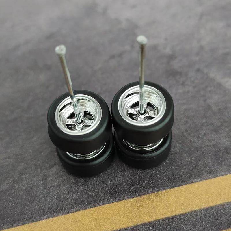 1Set 9.8mm 1/64 Alloy Car Wheels TE37 5-Blades Rubber Tires 10mm Tyres Rim for Hot Wheel/Matchbox/Domeka 1:64 Model Cars