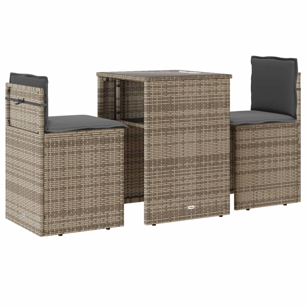 3 Piece Bistro Set with Cushions Grey Poly Rattan