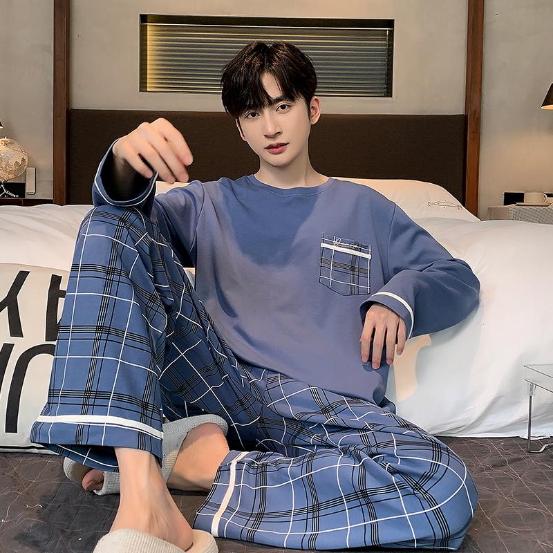2-Piece Spring and Fall Men's Cotton Pajamas Set Boys Soft Long-Sleeved Sleep Rest Home Party Pajamas Men's Casual Homewear