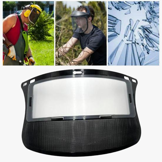 Защитный лицевой щиток из стальной проволочной сетки для шлема, обеспечивающий полную защиту лица от летящих обломков. Прочный лицевой щиток для работы в лесной местности на открытом воздухе.