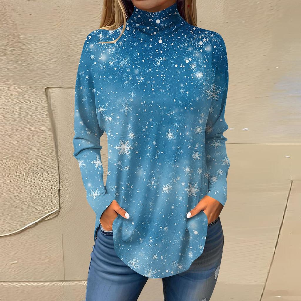 Женская модная повседневная футболка с длинным рукавом с высоким воротом и принтом, пуловер, топ