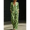 Summer new green bottom plant branches and leaves printing V-neck diagonal shirt wide-leg pants two-piece set women's casual cover