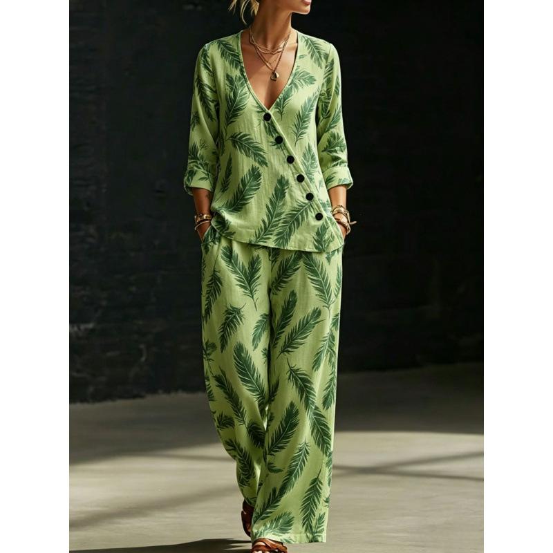 Summer new green bottom plant branches and leaves printing V-neck diagonal shirt wide-leg pants two-piece set women's casual cover