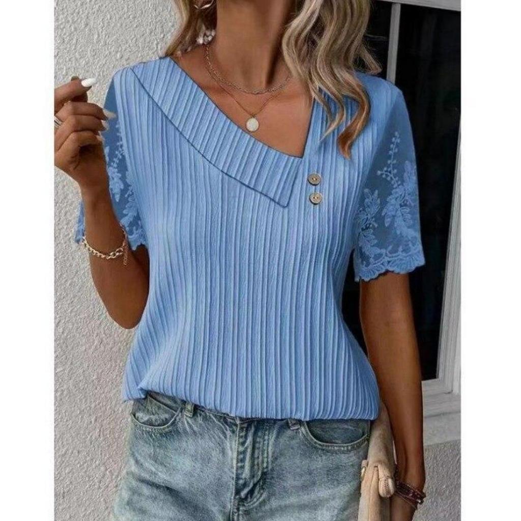 Кружевная блузка с коротким рукавом, летняя элегантная женская повседневная футболка, топы для женщин, свободная повседневная рубашка с простыми пуговицами