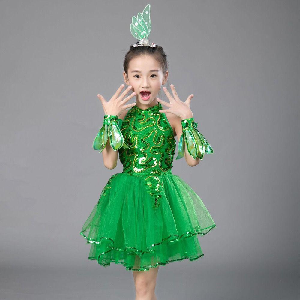 Green Sequin Children Ballet Dance Dress with Headwear Wristband Puffy Dress Kids Girls