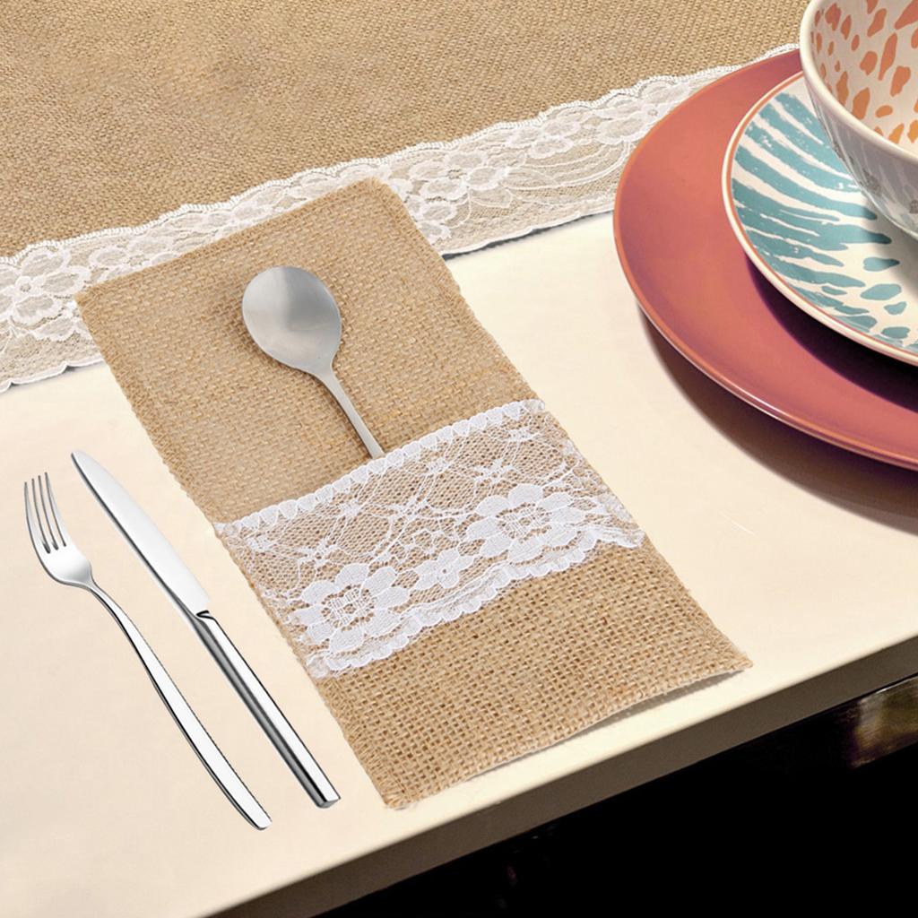 Natural Burlap Tableware Utensil Holders Lace Silverware Holder Bag Linen Knife Forks Cutlery Pouch Bag for Wedding Decor