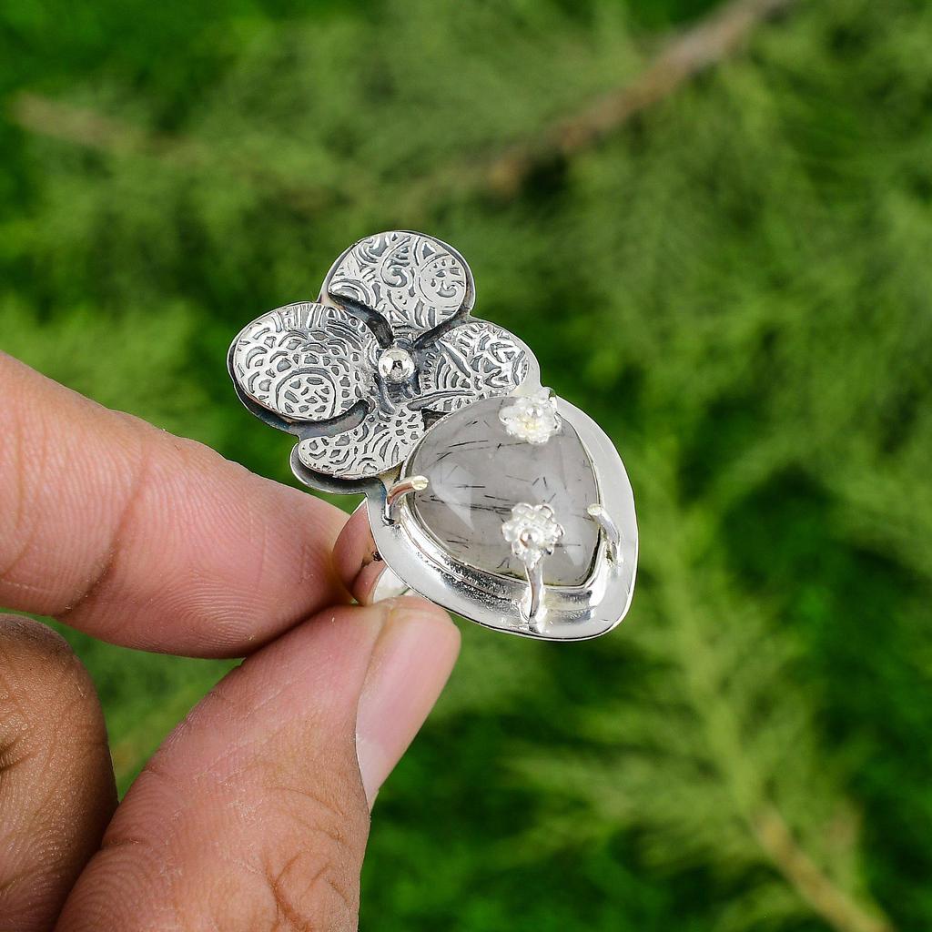 Кольцо-цветок Обещание из натурального черного рутилового кварца, штабелируемое, ювелирное изделие из серебра 925 пробы