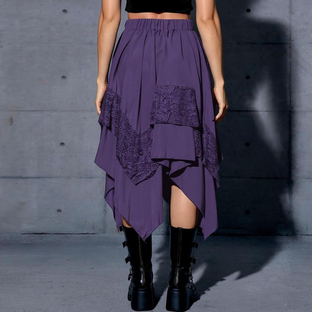 Women's Flowy Skirt Contrast Lace Layered Asymmetrical Midi Skirts