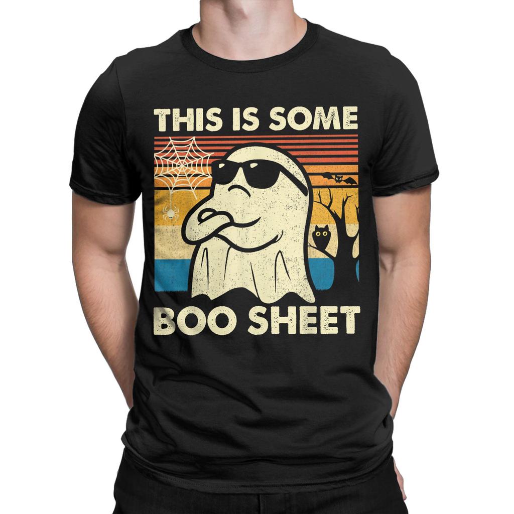 Vintage This is Some Boo Sheet Ghost Retro Funny Halloween T-Shirts Men Round Neck Cotton T Shirts Short Sleeve Tees Clothing