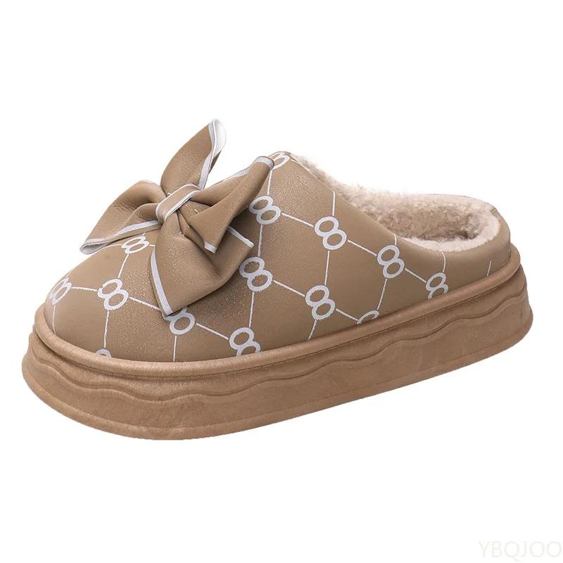 Модная зимняя женская хлопковая обувь Новые домашние хлопковые туфли Теплые с бантом Домашние милые тапочки Нескользящая толстая подошва бархатные тапочки Mujer Zapatos