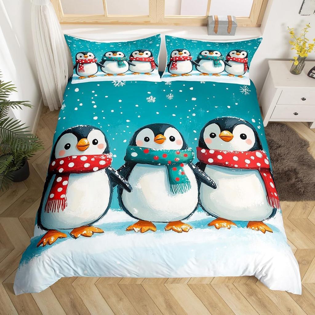 Cartoon Penguin Duvet Cover Polar Animal Watermelon Bedding Set for Boys Girls Room DecorArctic Wildlife Fruit Comforter Cover