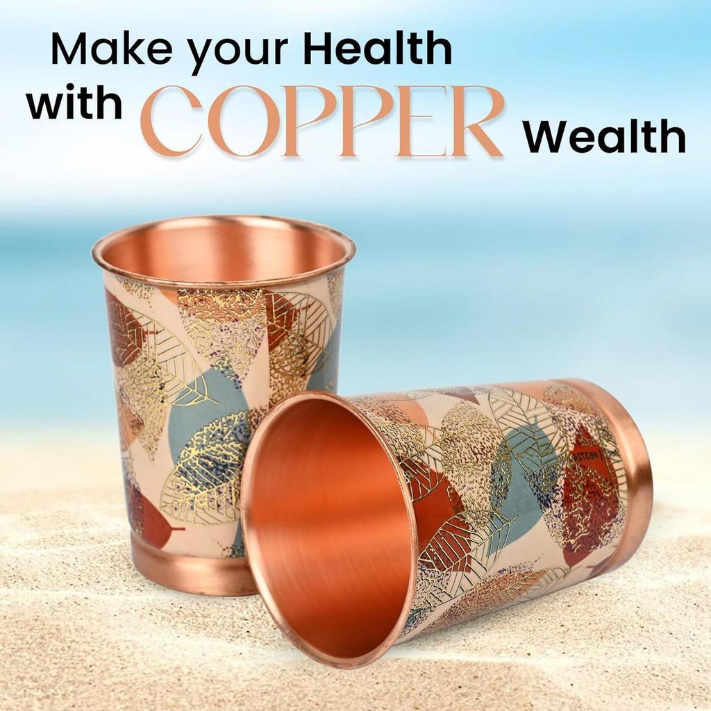 India Copper Premium Yellow Gold Leaf Design Set of Two Glass with Elegant Gift Box, 250 ML