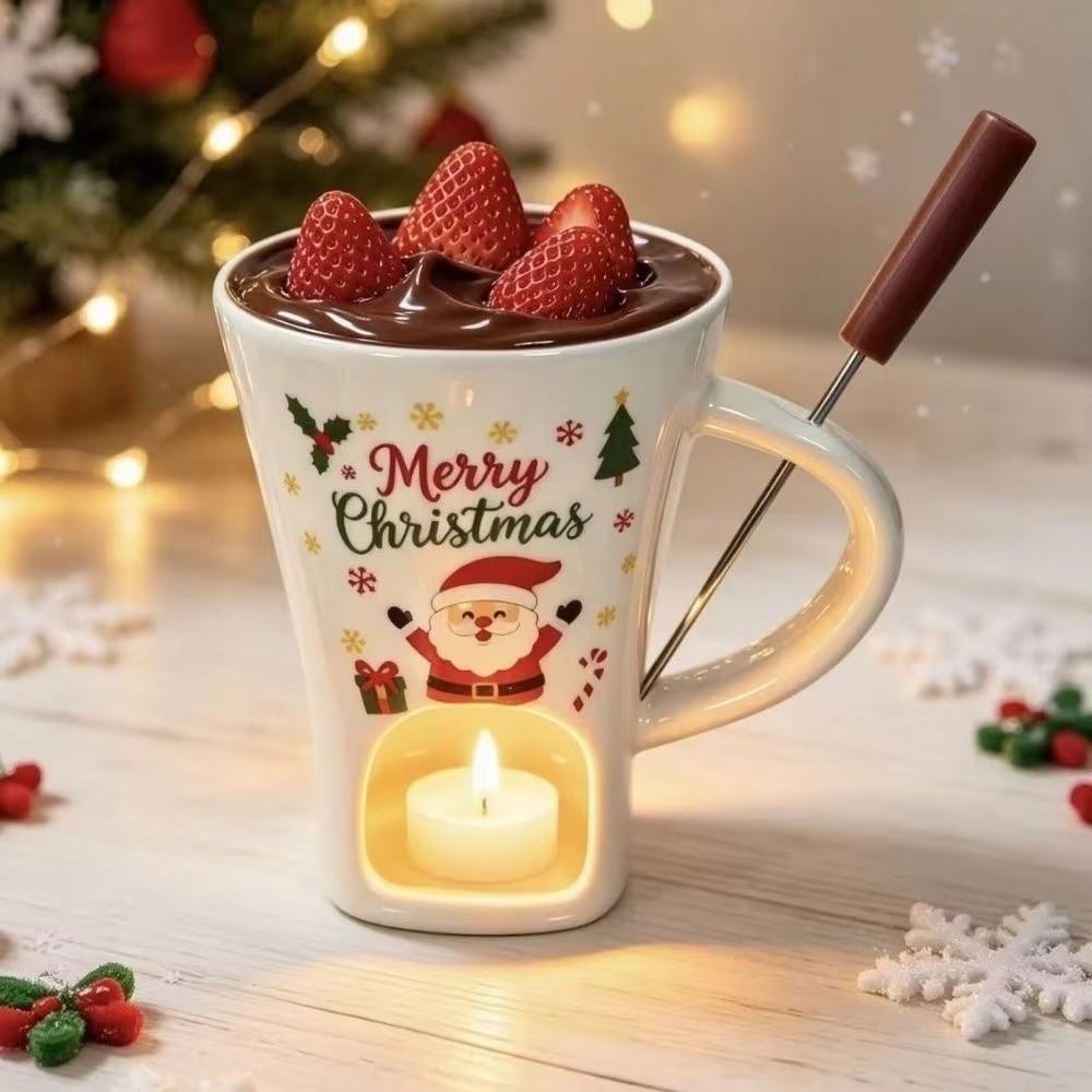 with Fork Chocolate Melting Stove Christmas Theme Cheese Fondue Cup Christmas Ceramic Mug Gift