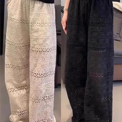 Летние женские облегающие брюки с высокой талией, кружевные, ажурные, длиной до пола, широкие брюки, свободные, ажурные, тонкие, повседневные, прямые брюки
