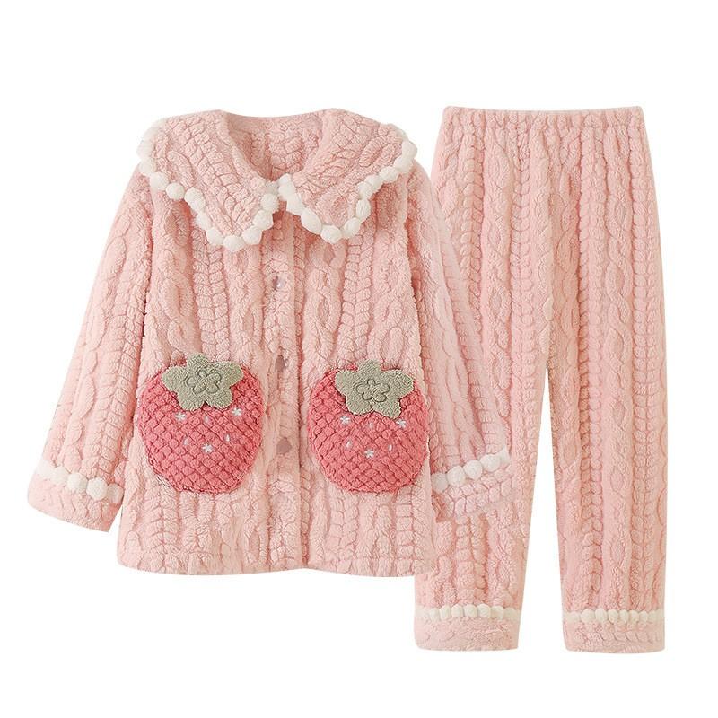 Girls Coral Fleece Pajama Set Long Sleeve Warm Thick Hooded Sleepwear Winter Home Wear