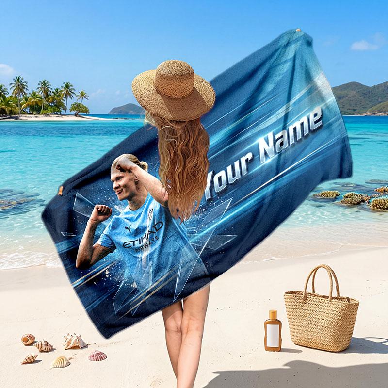 Erling Haaland Custom Beach Towel, Personalized Name Text Print, Football Logo Soft Quick‑Dry Towel Holiday Gift