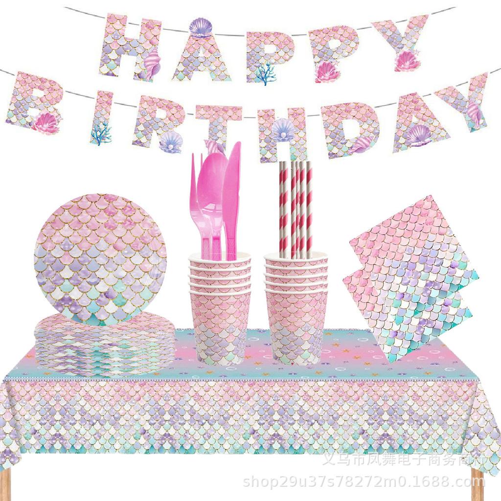 Pink Fish Scale Themed Birthday Decorations Disposable Tablecloth Paper Cup Tissue Paper Plate Party Tableware Set