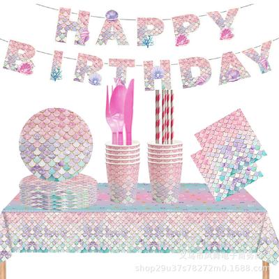 Pink Fish Scale Themed Birthday Decorations Disposable Tablecloth Paper Cup Tissue Paper Plate Party Tableware Set