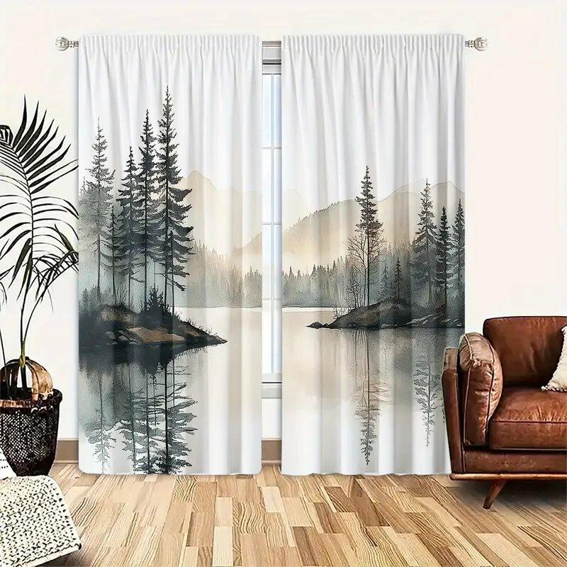 2 шт. - Шторы с принтом узора «Прибрежный пейзаж», шторы с кулиской, украшение для дома, украшение комнаты