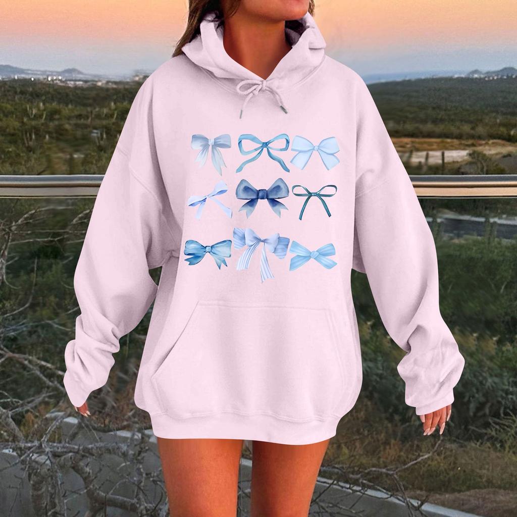 Женская весенняя флисовая толстовка с капюшоном и принтом в виде банта, с длинными рукавами