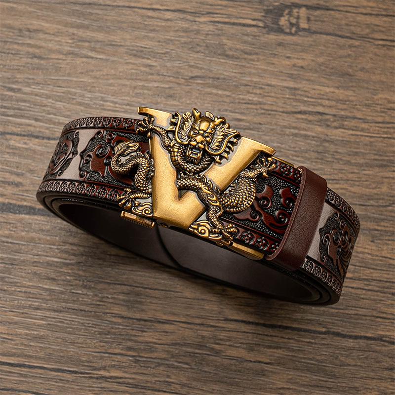 Мужской ремень с автоматической пряжкой, доминирующим дизайном Танцао и тисненым узором в виде шестилапого дракона