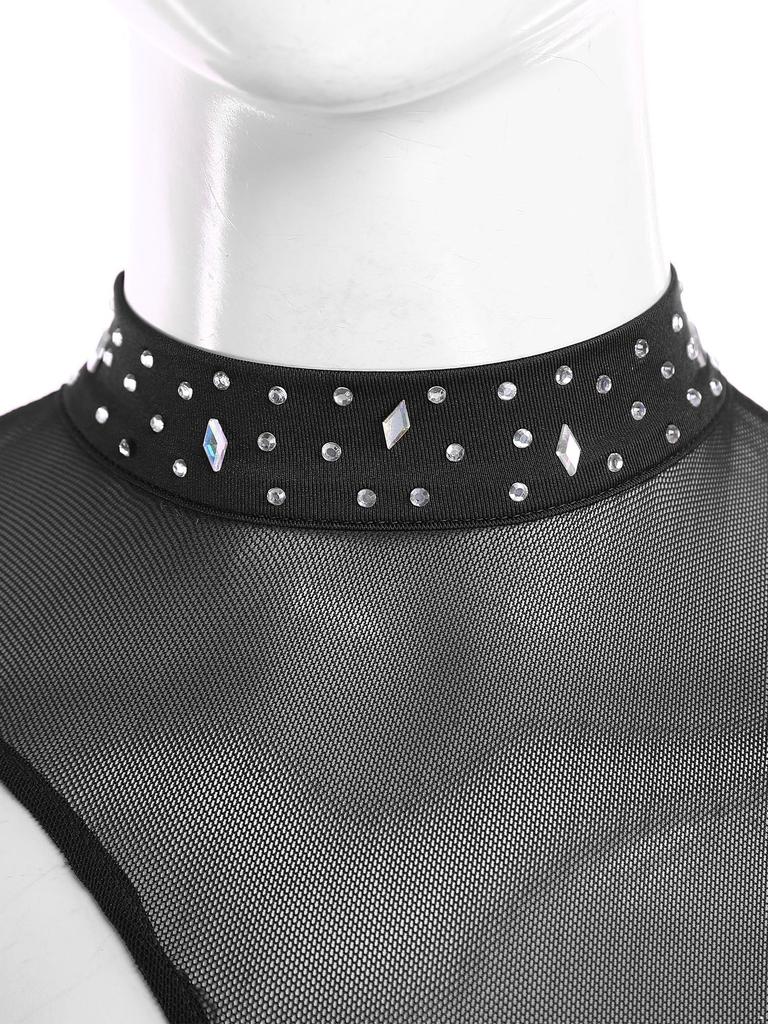 Womens Asymmetrical Lyrical Dance Dress Mock Neck Cutout Sheer Mesh Shiny Rhinestones Performance Costume