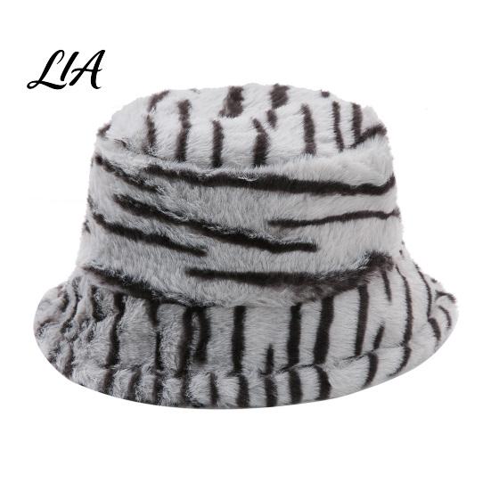Soft Thickened Polyester Plush Hat Zebra Stripe Bucket Hat, Winter Warm Fuzzy Fisherman Faux Fur Cap for Women Cold Weather Outdoor Street Wear Trendy