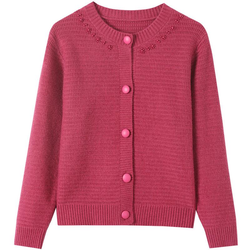 Autumn and Winter Fashion Women's Sweater Knitted Cardigan Round Neck Pearl Sweater Coat Thickened