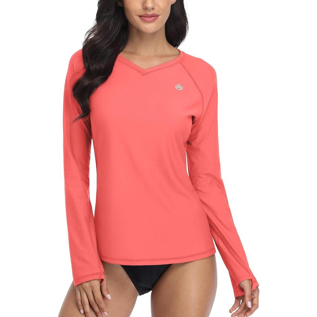 CHARMLEAKS Женская рубашка для плавания с защитой от опрокидывания, с длинным рукавом, защита от солнца, отверстие для большого пальца, UPF 50, V-образный вырез
