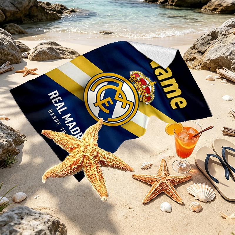 Custom Name Personalized Real Madrid Print Beach Towel, for Trip Camping Beach Party Home Decor, Birthday Gift for Family & Friends