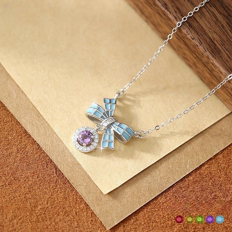 Women's S925 Sterling Silver Bow Knot Necklace Natural Amethyst Citrine Zircon Enamel Clavicle Chain Jewelry