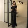 One-shoulder Mesh Ribbon Dress Dress Temperament Slim Black Long Dress Woman