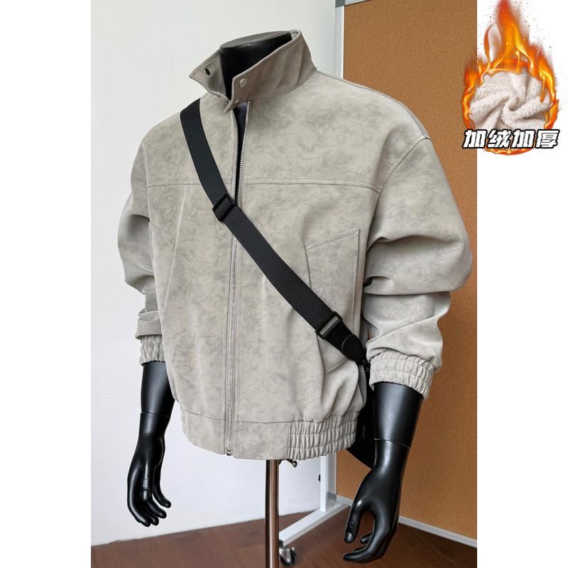 Mens Warm Fleece-Lined Oversized Cotton Jacket 2026 Loose Fit Stand Collar Zipper Front Gray Black M-5XL